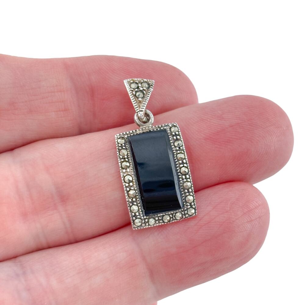 Vintage Sterling Silver 925 Onyx Marcasite Pendant